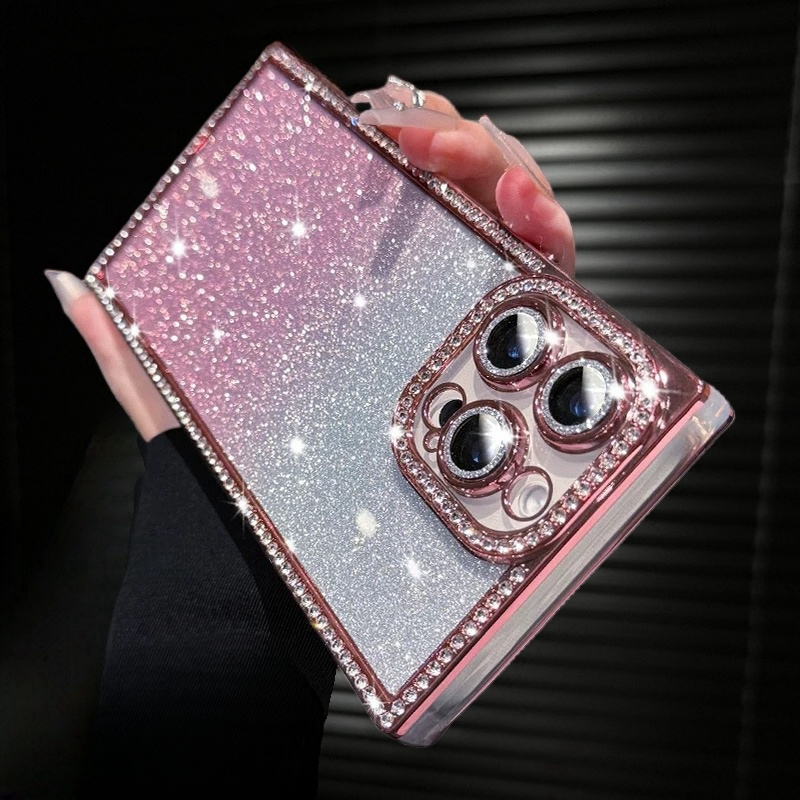【Glitter/diamond/With lens film/Square transparent TPU soft case/Pink】เคส compatible for iphone 13 14 15 16 pro max case