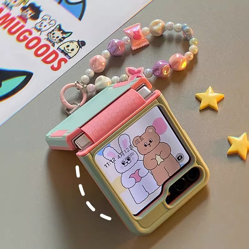 เคส Samsung Z Flip 5/Z Flip 6 ขอบซิลิโคนสีชมพู พร้อมสายคล้องสีแคนดี้เพิร์ลสุดน่ารัก Zflip5/ ZFlip6
