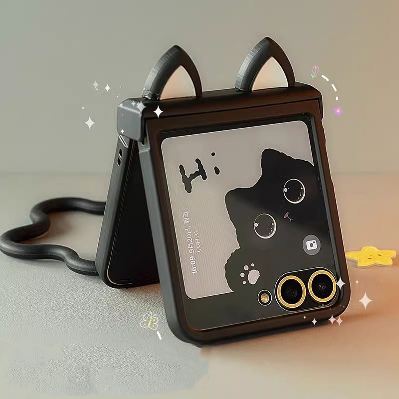 เคสบานพับหูแมวสีดำ สำหรับ Samsung Z Flip 8 Z Flip 5 Z Flip 6 Z Flip 7 พร้อมกระจกนิรภัยในตัวและตะขอรูปดาวสุดน่ารัก Z Flip 5/ ZFlip6 ZFlip7 ZFlip8