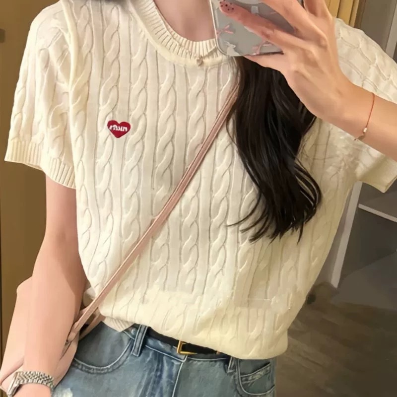 เสื้อสเวตเตอร์แขนสั้นผู้หญิงฤดูร้อนสไตล์ใหม่ปักทุกการแข่งขันสไตล์ตะวันตกอายุ @