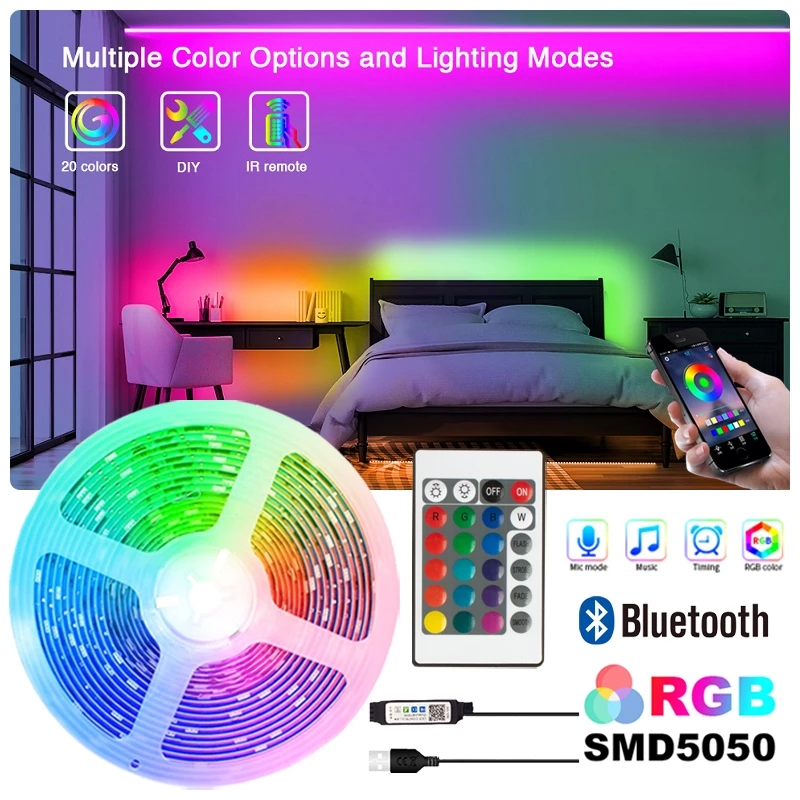 LED RGB Usb Strip Light SMD 5050 เทปยืดหยุ่น 2835 สีขาวอบอุ่นสําหรับตกแต่งห้องนอน 16 สีห้องครัวทีวี Backlight Wall