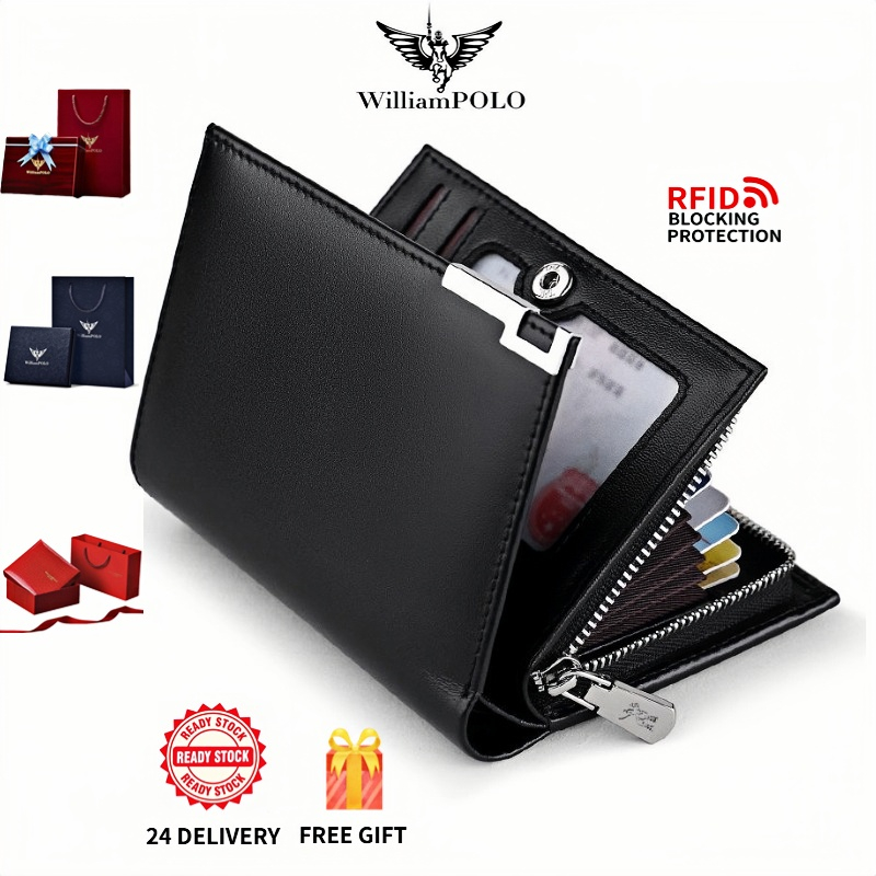 WilliamPOLO กระเป๋าสตางค์ผู้ชาย หนังวัวแท้ จุเยอะ กันสแกน 14 ช่องใส่บัตร กระเป๋าสั้น RFID Men's Leather Wallet Large Capacity - Holds 14 Cards Cash