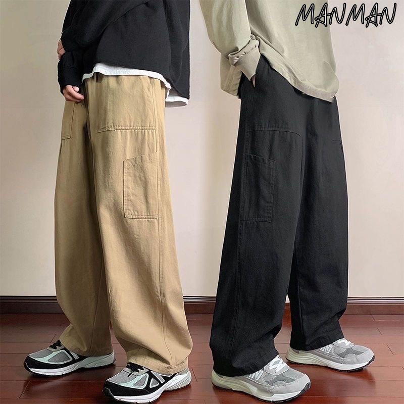MANMAN กางเกงทำงานสำหรับผู้ชาย กระบอกตรง ขากว้าง อเมริกันไฮสตรีท สันทนาการ