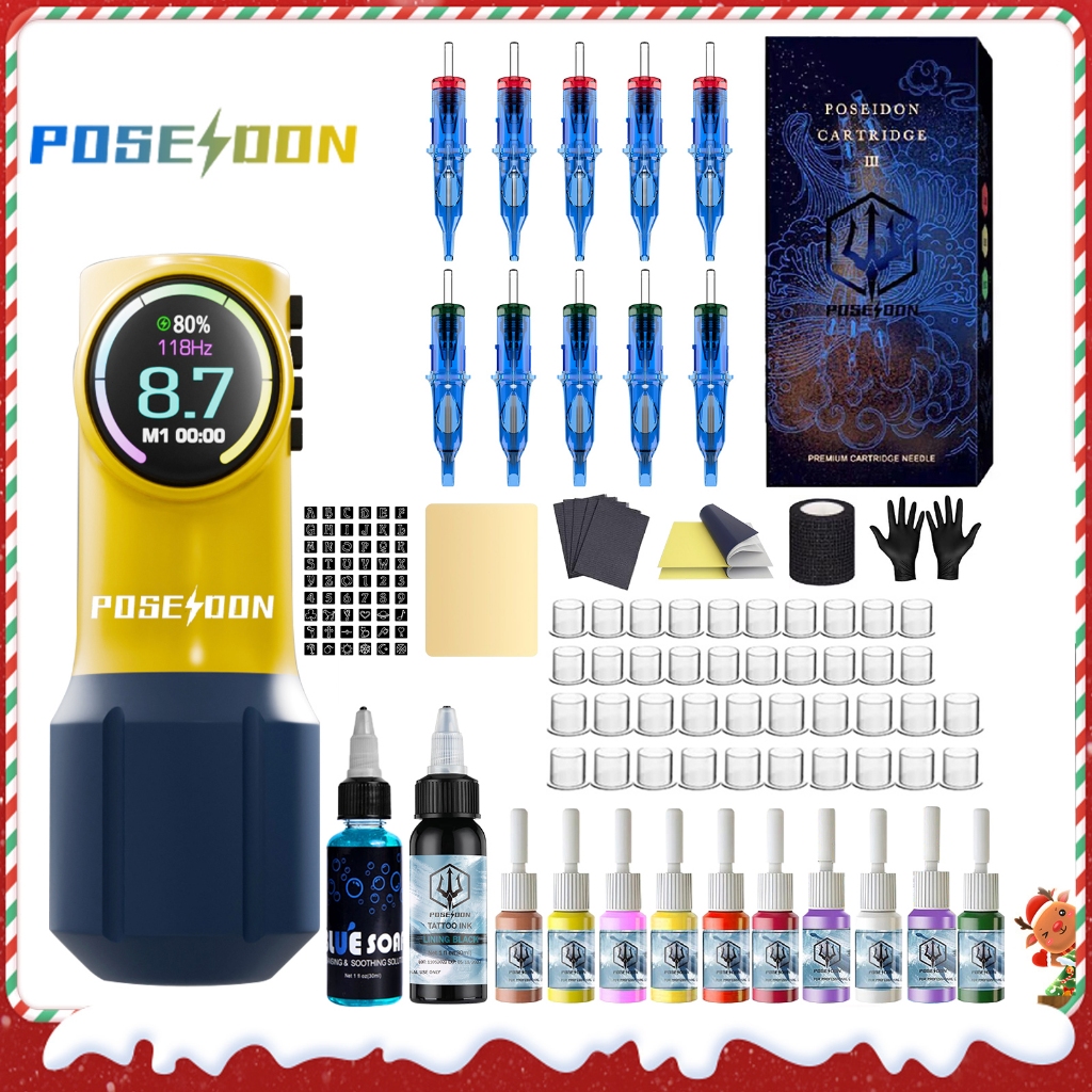 Poseidon Christmas Tattoo Pen Kit-Tattoo Pen with 1600mAh Wireless Power, Tattoo Machine with Digital LED Display, Tattoo Wireless Pen Tattoo Supplies for Artist