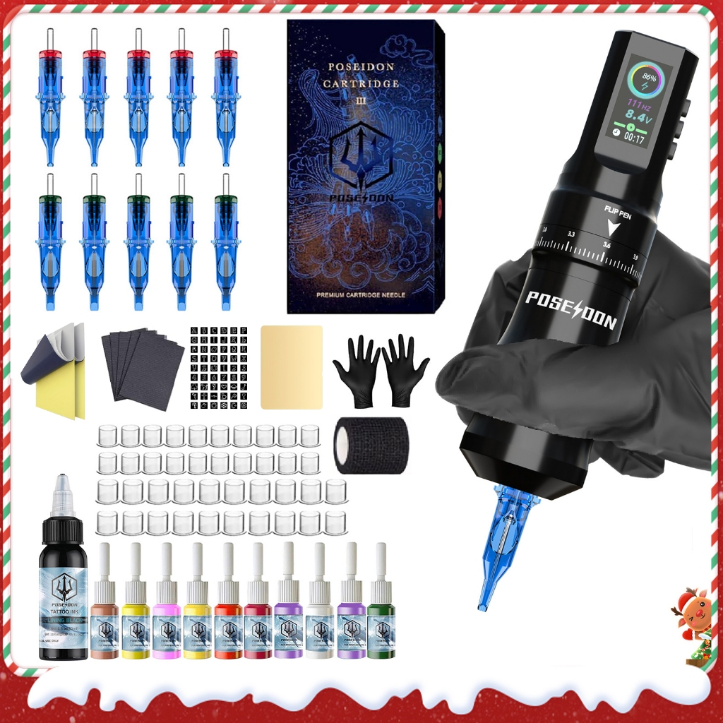 Poseidon Christmas Tattoo Pen Kit-Tattoo Pen พร้อมพลังงานไร้สายความจุ 1800mAh, เครื่องสักจังหวะปรับได้พร้อมจอแสดงผล LED ดิจิตอล, อุปกรณ์สักสําหรับศิลปิน