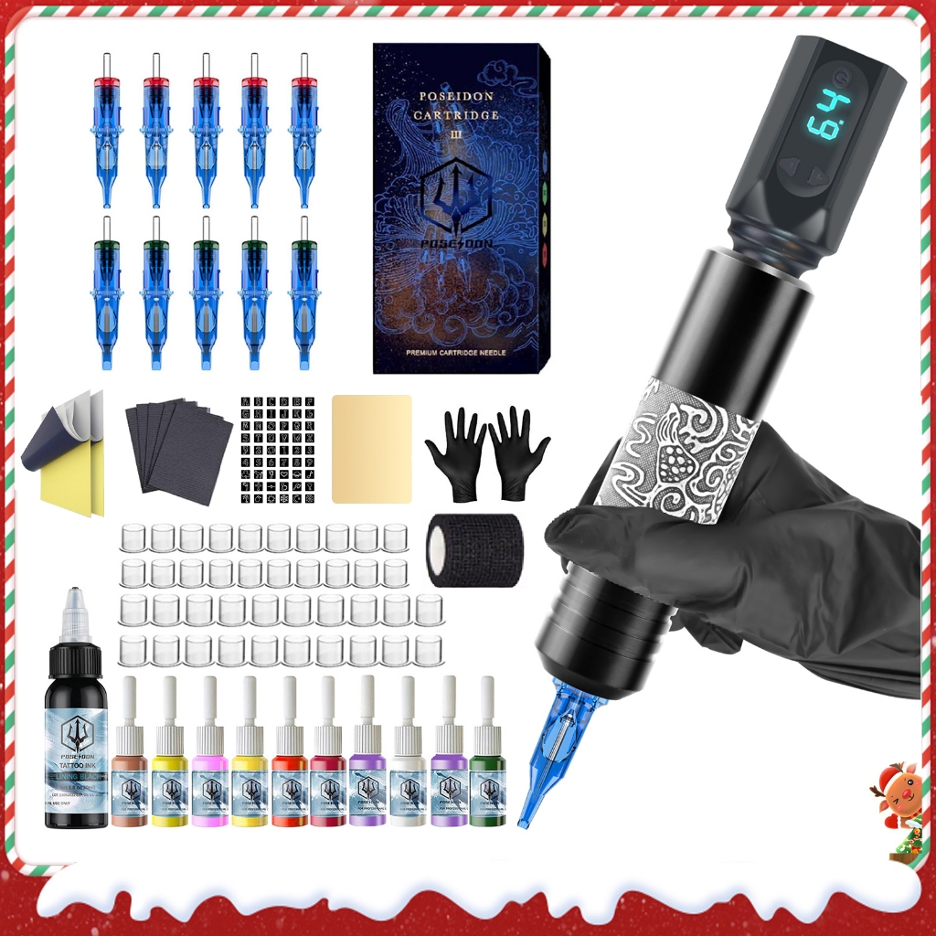 Poseidon Christmas Tattoo Pen Kit-Tattoo Machine 10 ชิ้นเข็มสักตลับหมึก,ปากกาสักพร้อมแหล่งจ่ายไฟไร้สายและอุปกรณ์สักสําหรับศิลปิน