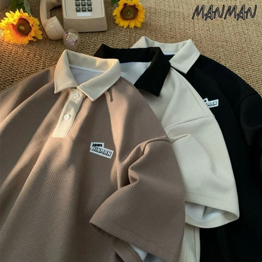 MANMAN สันทนาการ วาฟเฟิล วินเทจ เสื้อโปโล การออกแบบปก มีสไตล์และสะดวกสบาย