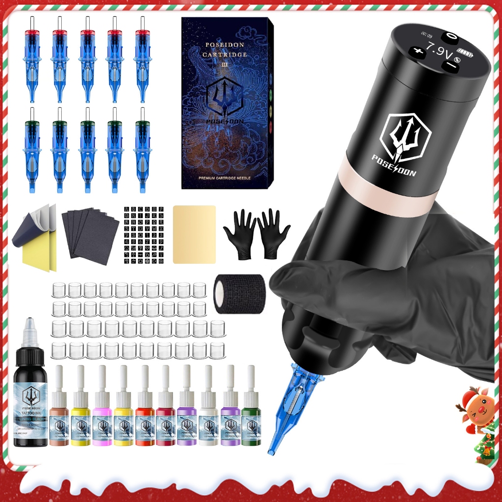 Poseidon Tattoo Kit-Tattoo Pen พร้อมเข็มสัก 10 ชิ้น, แหล่งจ่ายไฟไร้สายพร้อมอุปกรณ์สักและเครื่องสักสําหรับศิลปิน