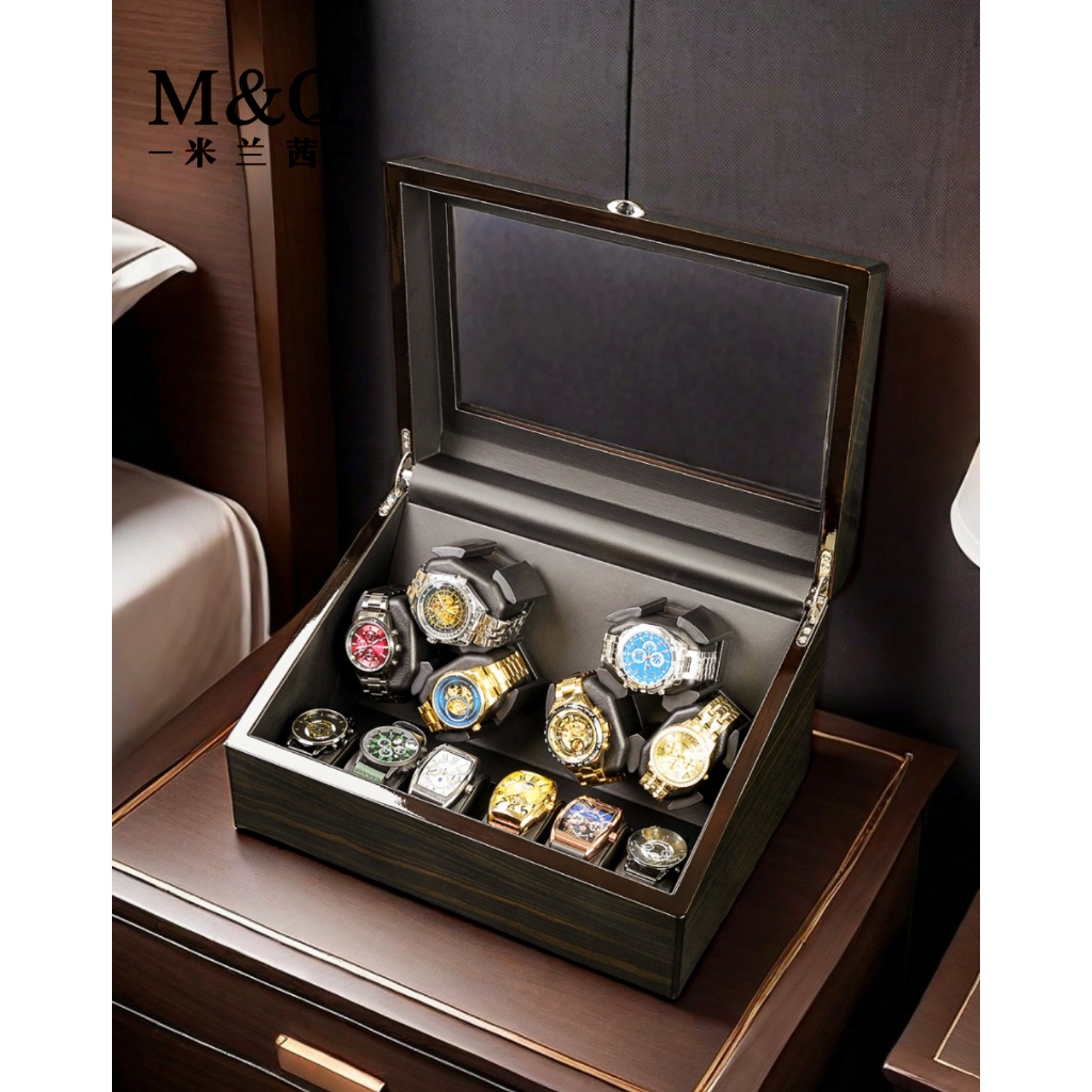 MELANCY ยี่ห้อเครื่องหมุนนาฬิกาอัตโนมัติสไตล์พื้นผิวไม้ 3 + 3/6 + 6 ช่องไฟ LED สีฟ้า + ฝาครอบเปิดฟังก์ชั่นหยุดฉุกเฉินเครื่องม้วนอัตโนมัติ  WATCH WINDERMQ-x3 + 3/6 + 6