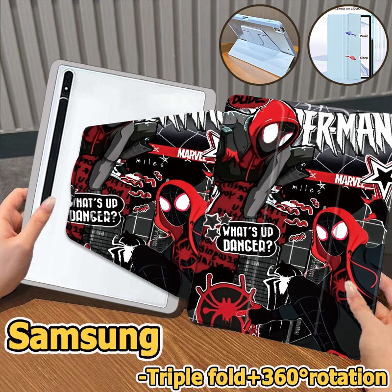 เคสฝาพับ Samsung Galaxy Tab S6 lite S7 S8 S9 S10+ S7FE S9FE S9FE+ A7 A8 A9 A9+ เคสฝาพับ ซัมซุง Tab case S8+ S9+ S7+ 360°หมุน+Triple fold เคส Galaxy Spider-Man case Samsung