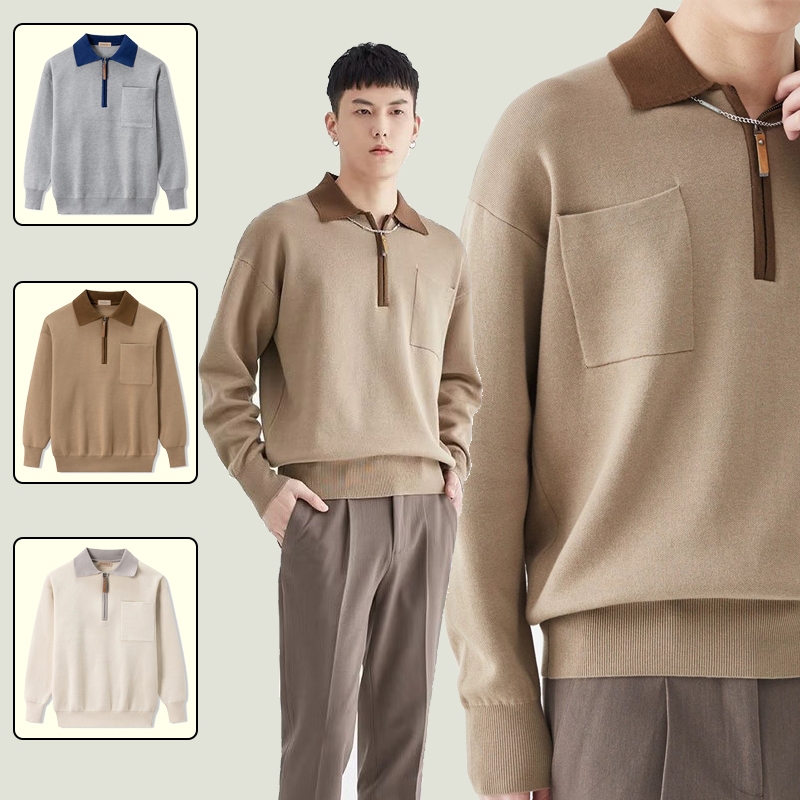 EERSHENSHI เสื้อกันหนาวผู้ชายสีคมชัดถักเสื้อโปโลเสื้อกันหนาวแขนยาวด้านบน