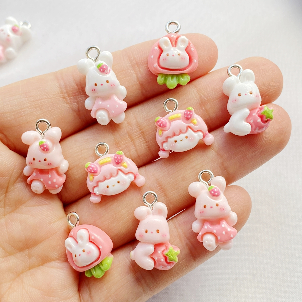 20 ชิ้นน่ารักการ์ตูนมินิสตรอเบอร์รี่กระต่าย,จี้สาว-ต่างหูแฟชั่น,สร้อยข้อมือ,พวงกุญแจสําหรับทําจี้