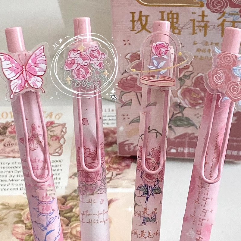 4ชิ้น/กล่อง น่ารัก กุหลาบเจลปากกา เซนต์ 0.5มิลลิเมตรหมึกสีดําปากกาเป็นกลางแห้งเร็วเรียบเขียนปากกาเครื่องเขียนของขวัญโรงเรียนอุปกรณ์สํา