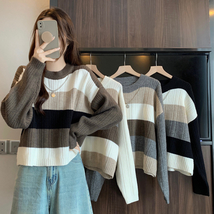 Laterme เสื้อกันหนาวแขนยาวลายทาง ผ้านิ่มใส่สบาย สไตล์เกาหลีทรงหลวม สําหรับผู้หญิง