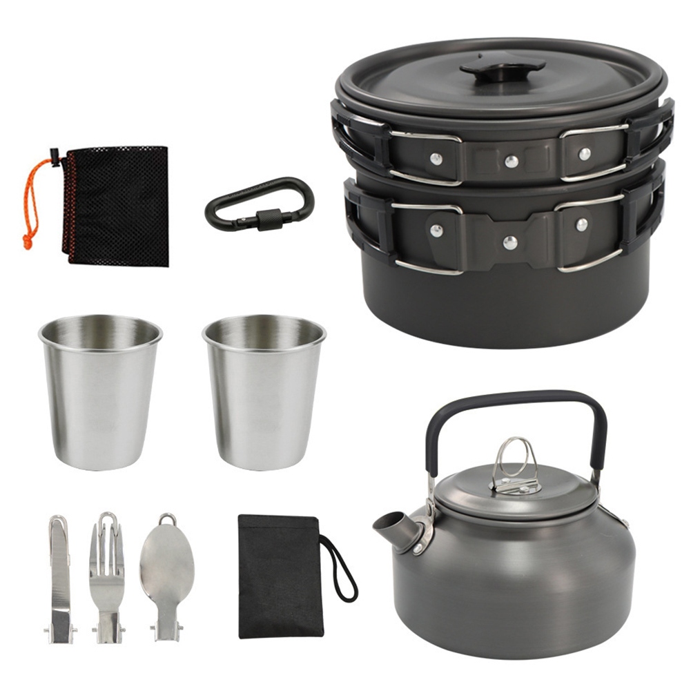 11 ชิ้น Camping เครื่องครัว Mess ชุดหม้อ Pan กาต้มน้ําชุดถ้วยอุปกรณ์แคมป์ปิ้ง (สีดํา)