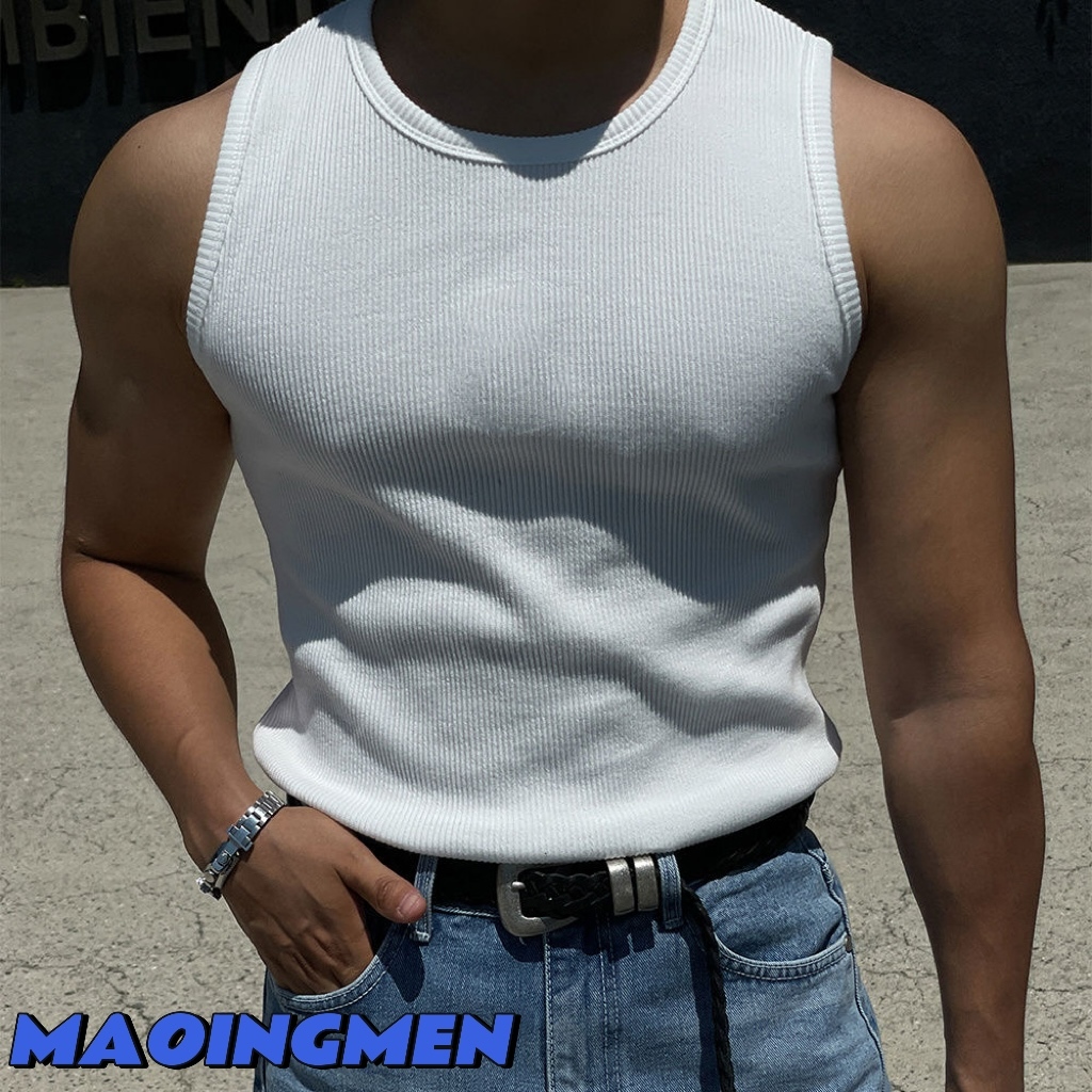 [MAOINGMEN] เสื้อกล้ามอเมริกันสำหรับผู้ชาย ยืดผอมรอบคอแขนกุดท็อปส์ซูผู้ชาย