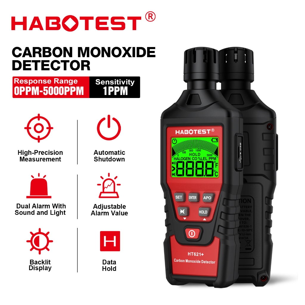 Habotest HT621+ เครื่องตรวจจับคาร์บอนมอนอกไซด์ CO เมตรการตรวจสอบ CO มอนอกไซด์พร้อมฟังก์ชั่นสัญญาณเตือน