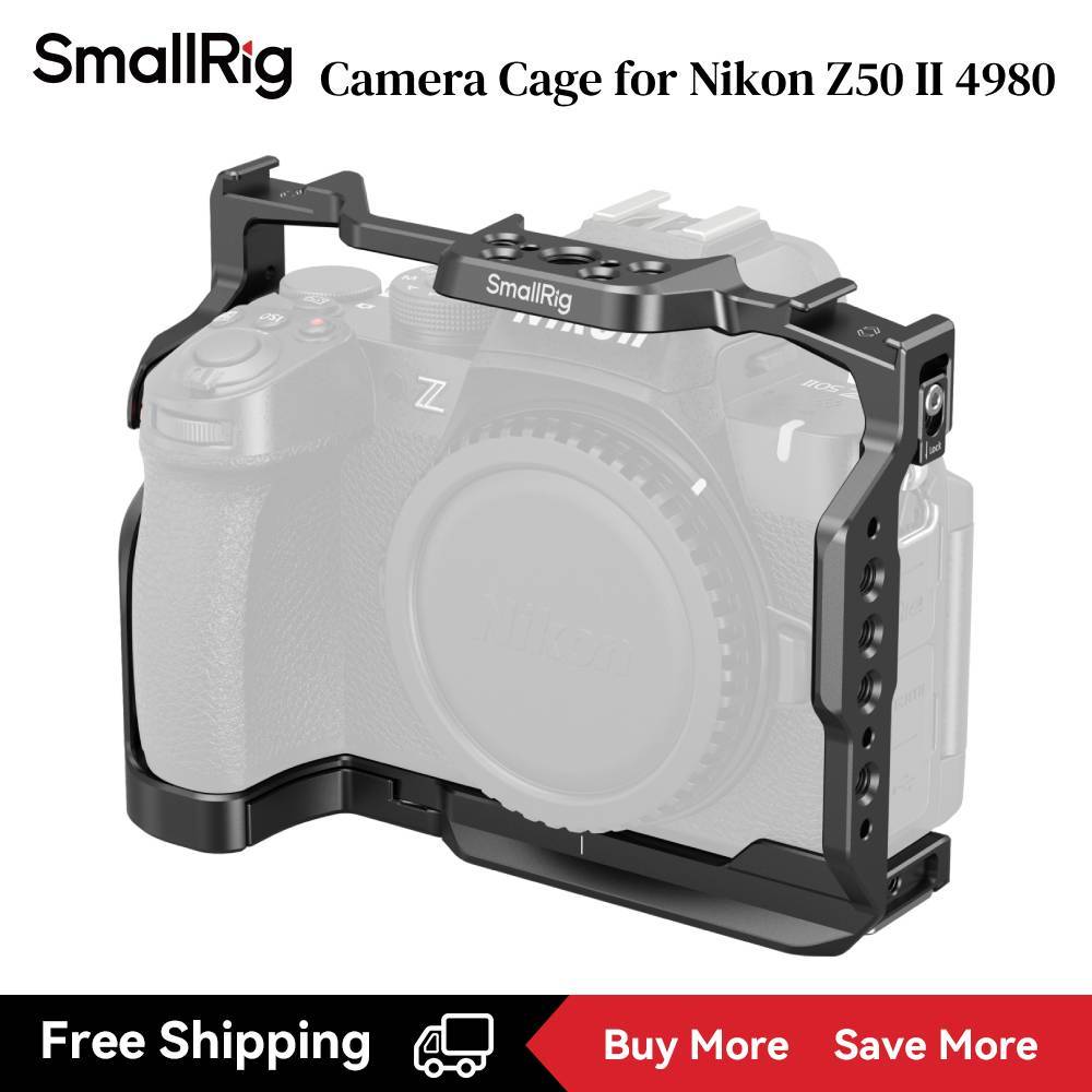 SmallRig Z50 II กรงสําหรับ Nikon Z50 II, กรงกล้องพร้อมที่ยึดรองเท้าเย็นคู่, ราง NATO, พอร์ต QD, แผ่นปลดเร็ว, สําหรับ Arca-Swiss, แผ่นติดด้านล่าง #4980B #4981