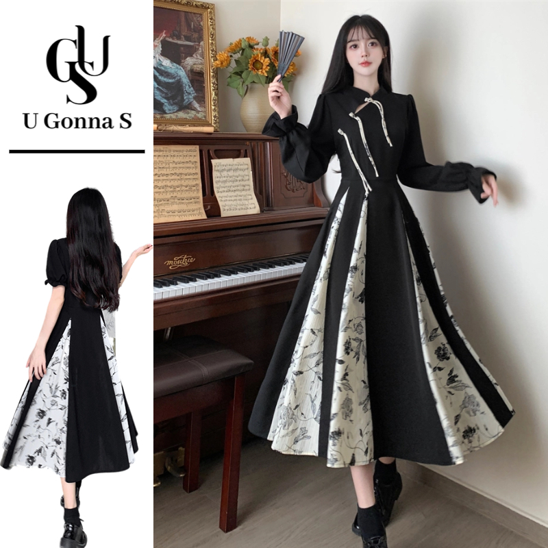 U Gonna S ผู้หญิงชุดยาว Cheongsam 2025 แขนสั้น A-line Elegant เสื้อผ้าแบบดั้งเดิมสําหรับวัด Casual Daily Occasions ชุดนักเรียนชุดยาวยืดสีดํา