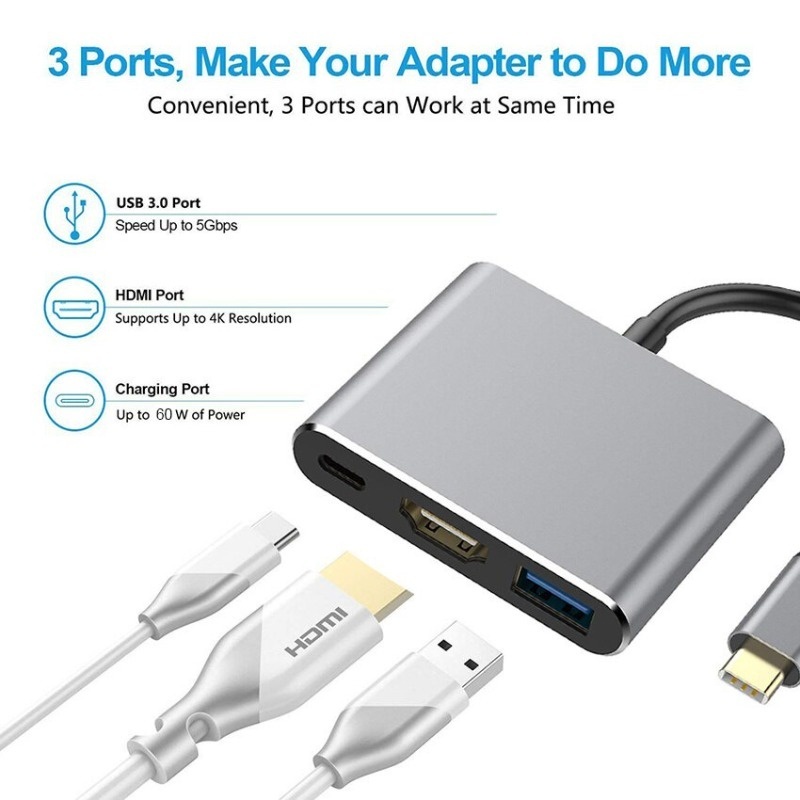 อะแดปเตอร์ USB C เป็น HDMI,ชนิด C OTG 3-in-1 Hub,4k HDMI และ PD การชาร์จไฟอย่างรวดเร็ว USB C เป็น HDMI USB Hub ตัวแปลงหญ