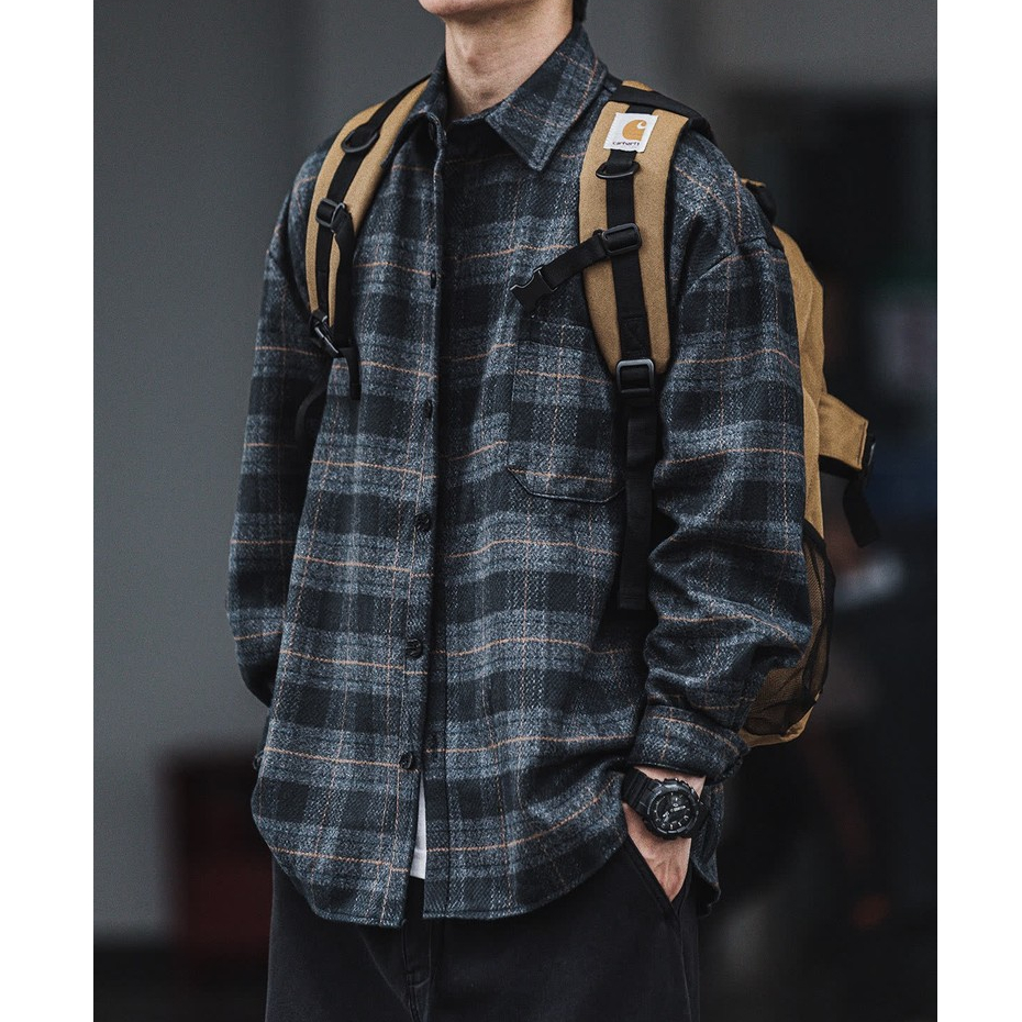 Femca เสื้อวินเทจผู้ชาย ตาหมากรุก ผ้าฝ้าย หลวม หนา แฟชั่น ins M-3XL