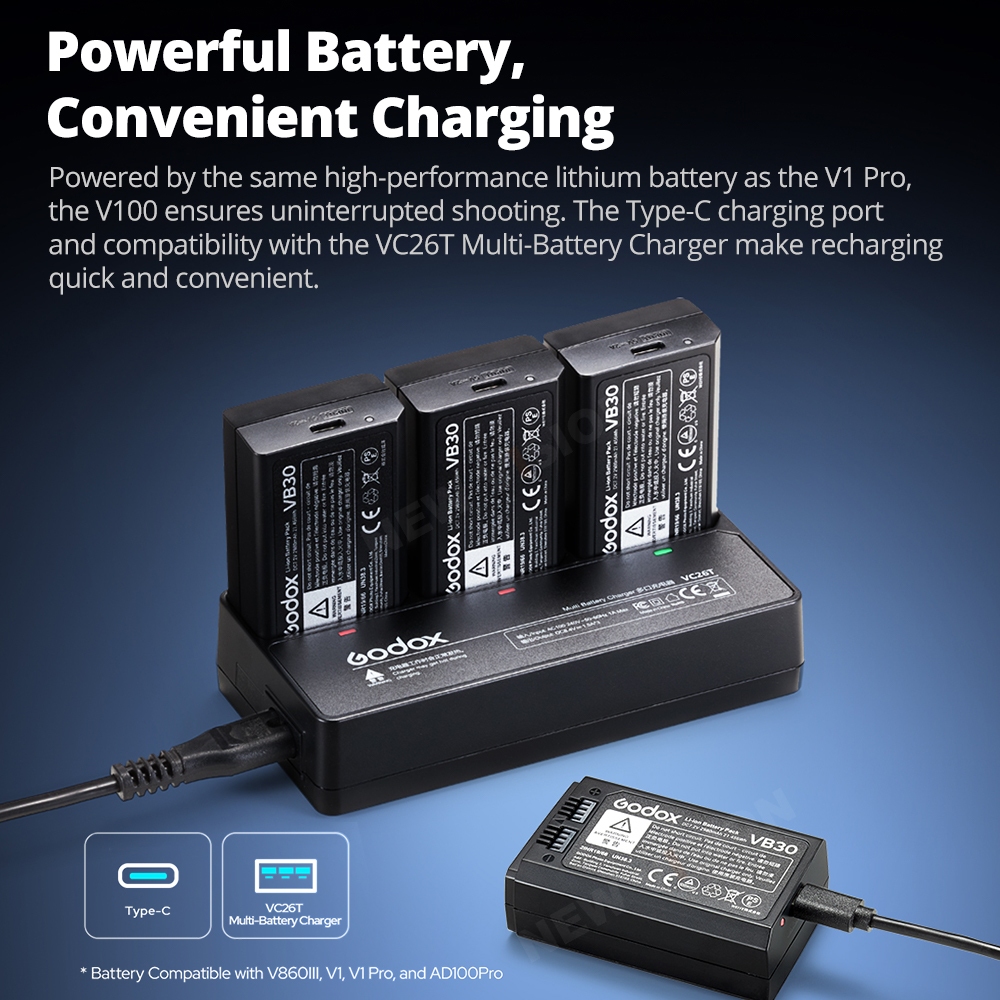 Godox V100 TTL กล้องหัวกลม Li-ion Flash Power Beyond Limits 100Ws พร้อม X3