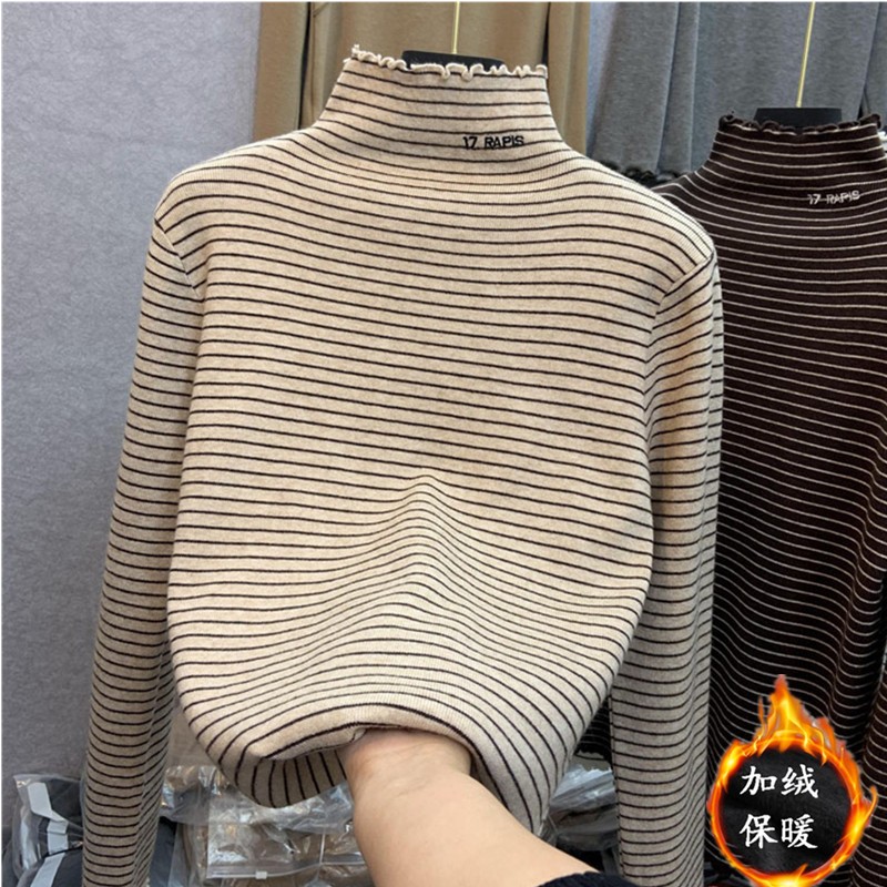 【WJZ】เสื้อยืดแขนยาวคอสูงลายทางสไตล์เกาหลีสำหรับผู้หญิง【6922】