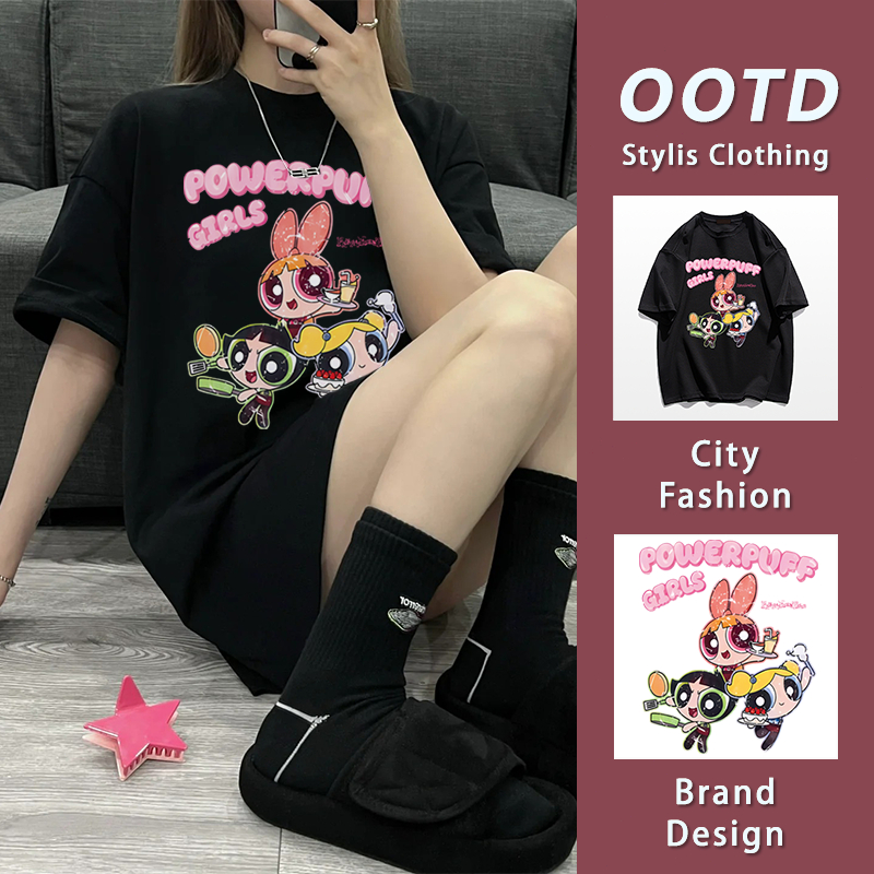 มาใหม่ เสื้อยืดคอกลมแขนสั้น ลายการ์ตูน ขนาดใหญ่หลวม ผ้าฝ้ายแท้ใส่สบาย สไตล์ลำลอง YG120
