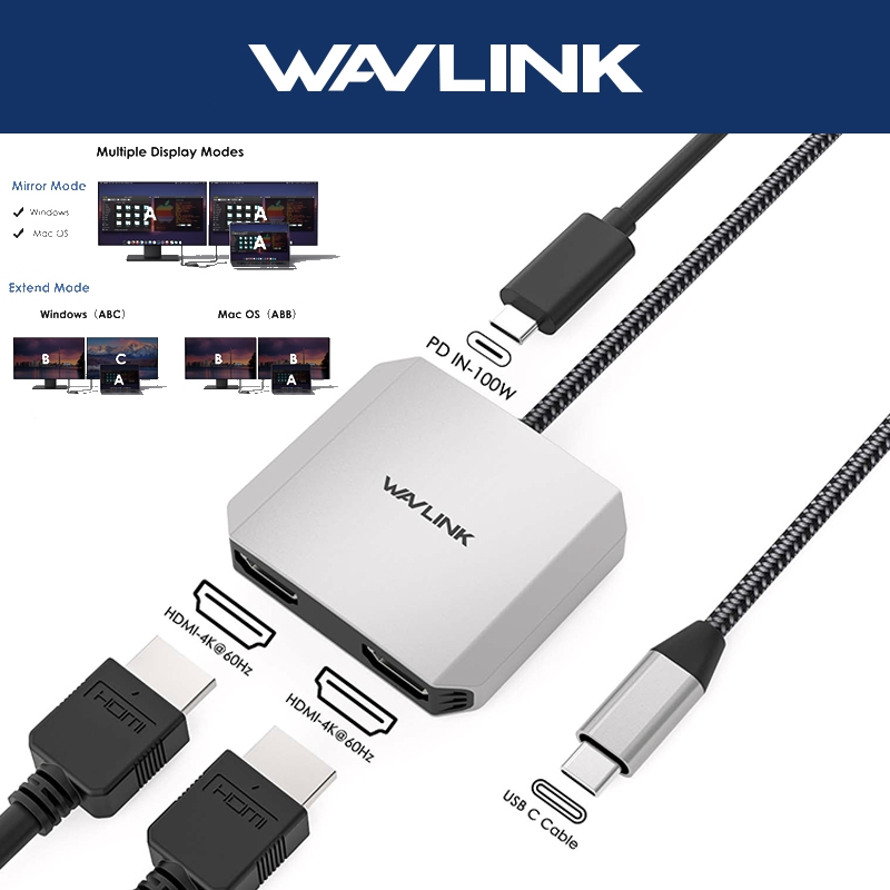 Wavlink 4K@60Hz อะแดปเตอร์ USB C เป็น Dual HDMI พร้อมการจัดส่งพลังงาน 87W สําหรับ MacBook Pro/Air