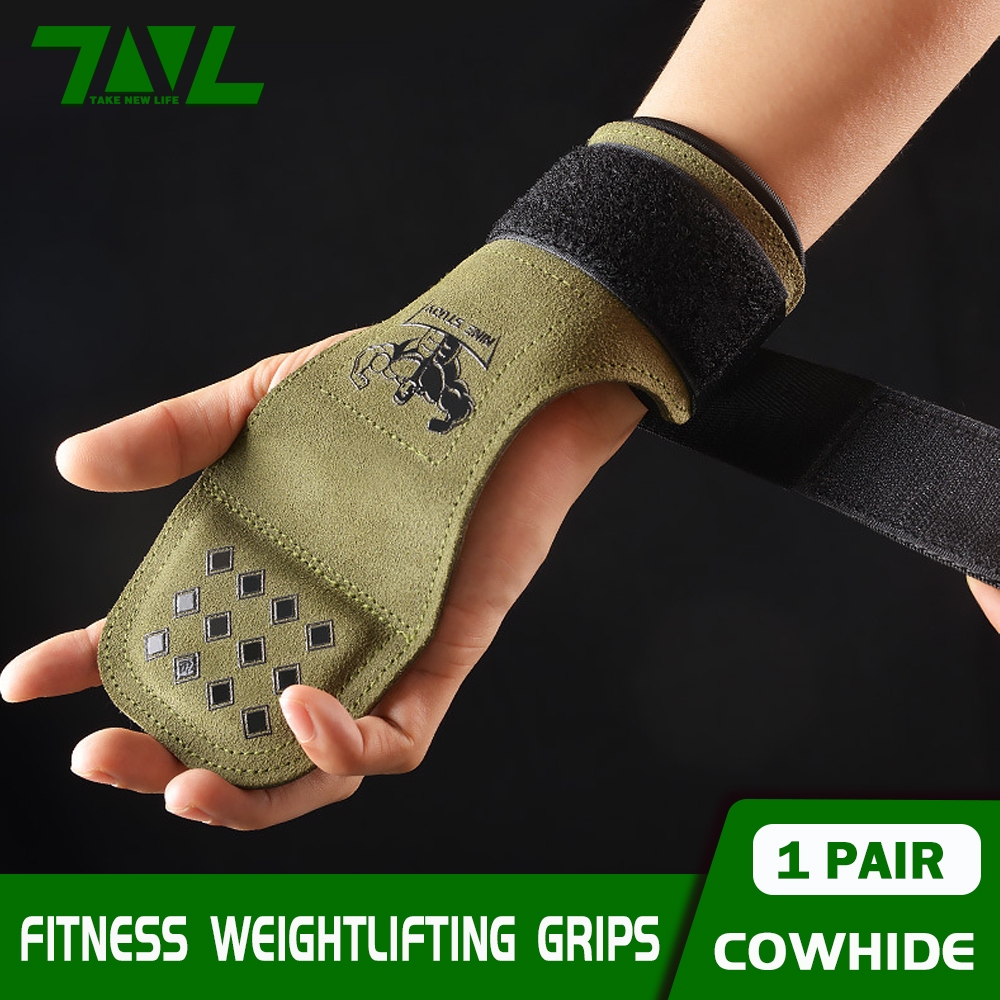 (1 คู่)ถุงมือยกน้ำหนัก ออกกำลังกาย หนังวัว หนังแท้ พร้อมสายรัดข้อมือ Leather Weightlifting STRAPS Fitness Crossfit ถุงมือ เซพข้อ
