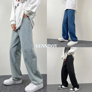 Gensiboy-กางเกงยีนส์ผู้ชาย ขายาว ขากว้าง ทรงกระบอกใหญ่ ทรงหลวม สไตล์เกาหลี เนื้อผ้ายีนส์ล้างน้ำ กางเกงยีนส์สีฟอก ทรงกระบอกเอวสูง ใส่สบาย BAGGYJEAN