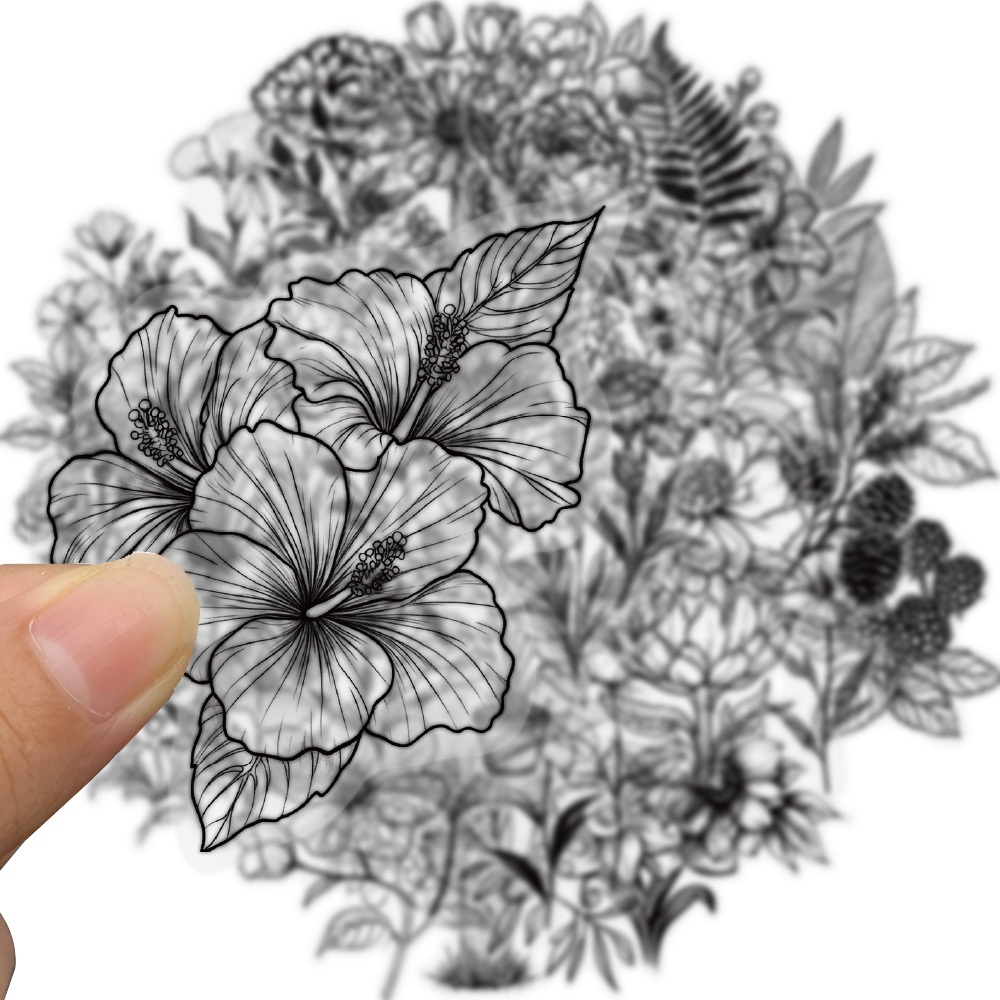 [สติ๊กเกอร์ขนาดใหญ่]50ชิ้นสีดําและสีขาววินเทจย้อนยุคดอกไม้พืชสติ๊กเกอร์สําหรับแล็ปท็อปสมุดวารสารวางแผนกันน้ําสัตว์เลี้ยงรูปลอก