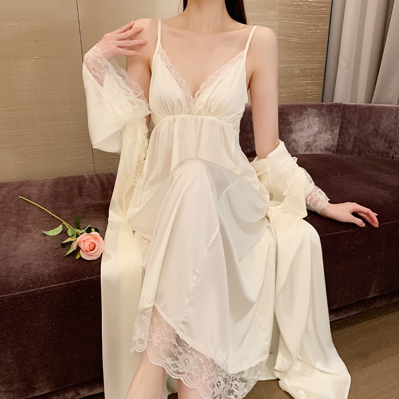 ชุดนอนสตรีผ้าไหมพรีเมี่ยมหรูหราลูกไม้แขนยาวสลิงสองชิ้น
