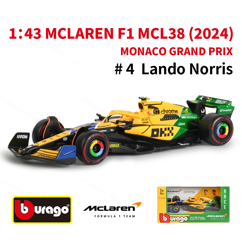 Bburago 1:43 2024 Mclaren MCL38 โมนาโก GP F1 สูตรรถ Die Cast ยานพาหนะสะสมของเล่นแข่งรถ
