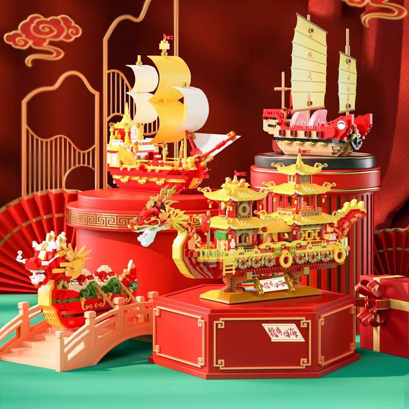 ปีใหม่ ลัว เรืออาคารบล็อกอิฐของเล่นประกอบอนุภาคเด็กพัฒนาการศึกษาคอลเลกชันของเล่นปริศนาเด็กชายและเด็กหญิงของขวัญวันเกิดของเล่นเด็ก