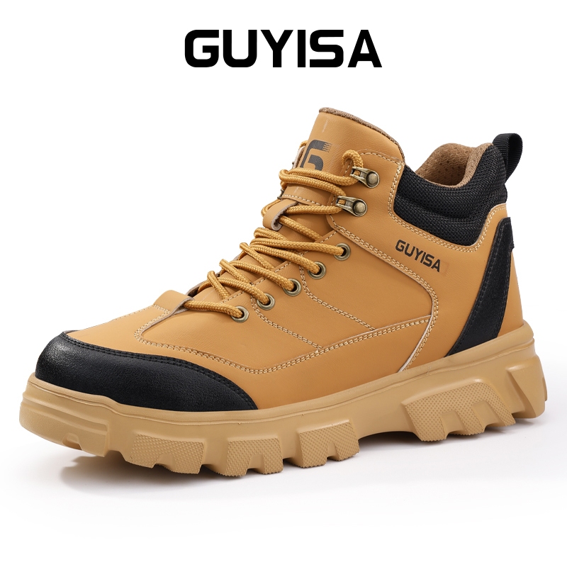 Guyisa รองเท้าเซฟตี้ผู้ชายหมวกเหล็กกันน้ําสูงตัดสีเหลือง CN39-44 F070