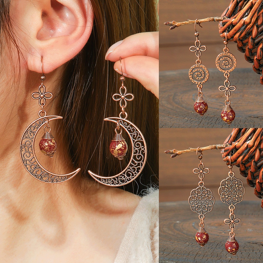 Retro Antique Gold Hollow Moon ต่างหูผู้หญิง Bijoux แฟชั่นเรขาคณิตดอกไม้ลูกปัดพู่ต่างหูอินเดีย Jhumlka เครื่องประดับ