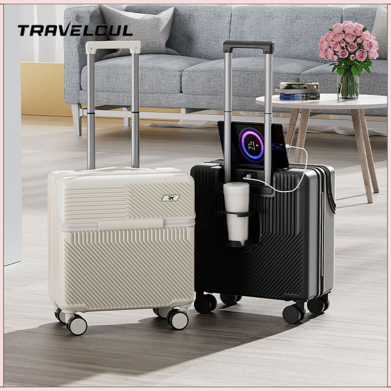【สต็อกไทยพร้อมส่ง】TRAVELCUL กระเป๋าล้อลาก  ช่องเก็บสัมภาระอเนกประสงค์ขนาด 18 นิ้วช่องเสียบ USB + ที่วางถ้วย + ช่องเปิดด้านหน้าเพื่อเลือกและวางสิ่งของสะดวกยิ่งขึ้นสำหรับขึ้นเครื่อง