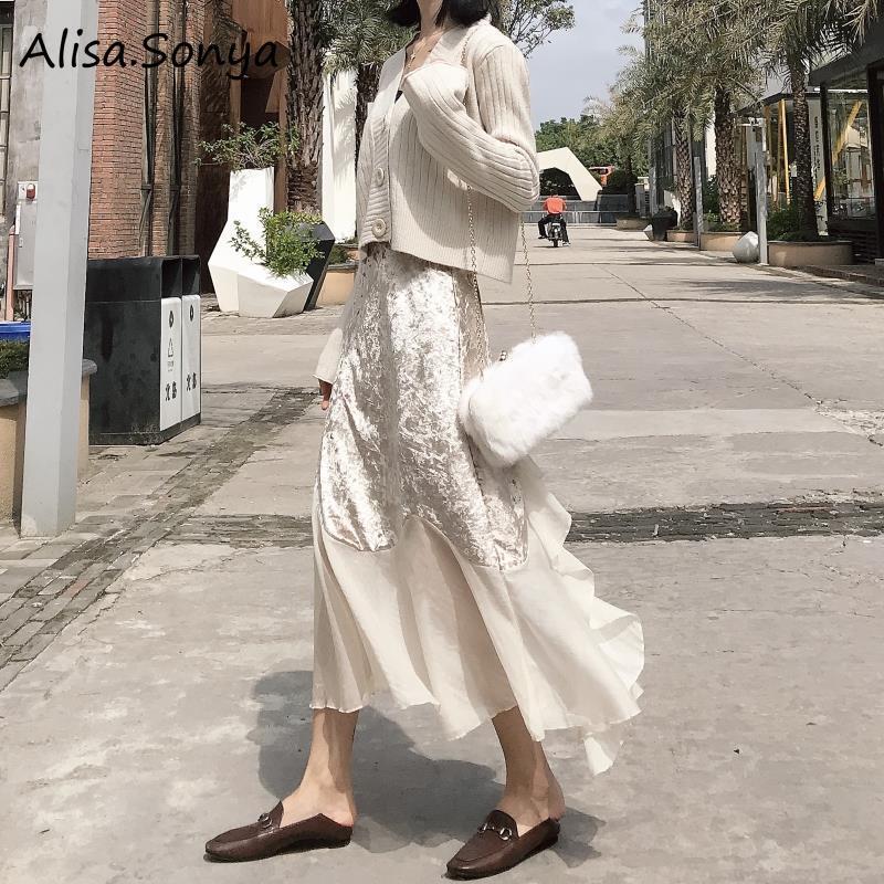 Alisa.Sonya กระโปรงเย็บผ้าชีฟองกํามะหยี่เอวสูงฤดูใบไม้ร่วงฤดูหนาวกระโปรงหางปลายาวปานกลางย้อนยุค