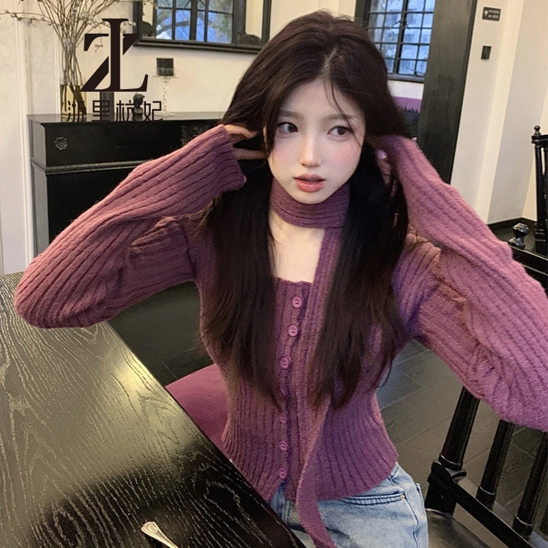 ZHELIHANGFEI สีม่วงหลุมแถบถักคาร์ดิแกนผู้หญิงเอวสูงสลิมฟิตด้านในด้านบน