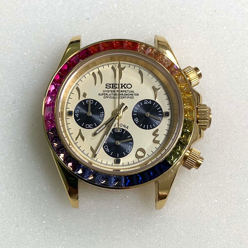 39 มม.นาฬิกาเพชรขอบควอตซ์การเคลื่อนไหว Electro-gold Plated สแตนเลสกรณี Sapphire Glass อุปกรณ์เสริมสําหรับ VK63 การเคลื่อนไหว