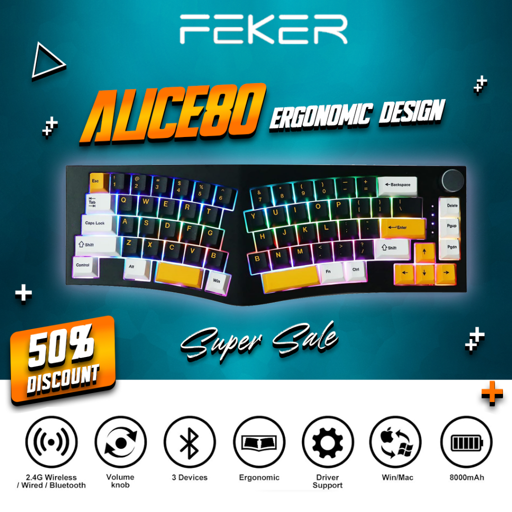 FEKER Alice80 คีย์บอร์ดแบบมีสาย 65% RGB แบบถอดเปลี่ยนได้แบบกำหนดเอง 68 คีย์ Alice80 อุปกรณ์เสริมคีย์