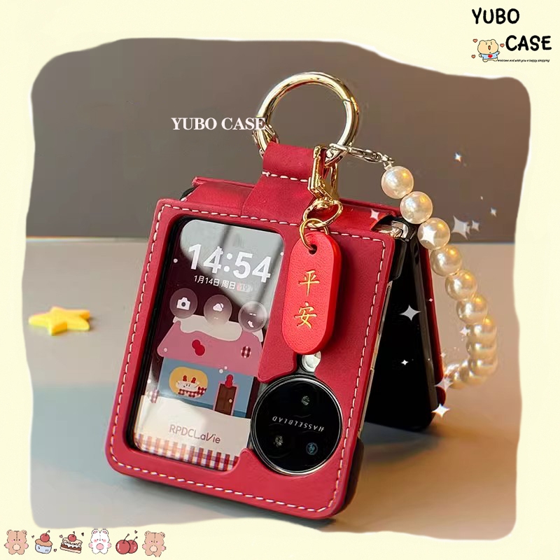 เคสโทรศัพท์หนังสีแดงใหม่พร้อมการปกป้องเต็มรูปแบบ รูปแบบน่ารัก และเชือกคล้องสำหรับ OPPO Find N3 Flip Find N2 Flip