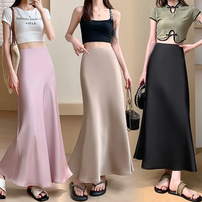 S-6XL กระโปรงเอวสูง กระโปรงยาว ผ้าซาติน ทรงหางปลา แฟชั่นสําหรับผู้หญิง
