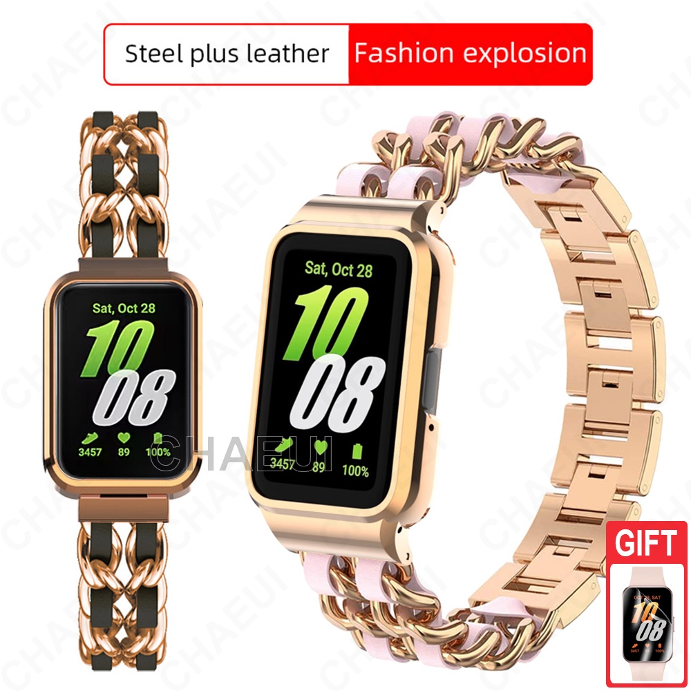 สายสแตนเลสพร้อมเคสสร้อยข้อมือเปลี่ยนสายหนังสําหรับ Galaxy Fit 3