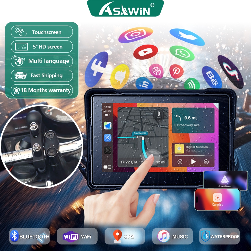 รถจักรยานยนต์ไร้สาย Apple CarPlay Android Auto 5 นิ้ว IPS หน้าจอสัมผัส GPS นําทางสําหรับรถจักรยานยนต์ IPX7 กันน้ํารองรับ Siri/Google Voice control