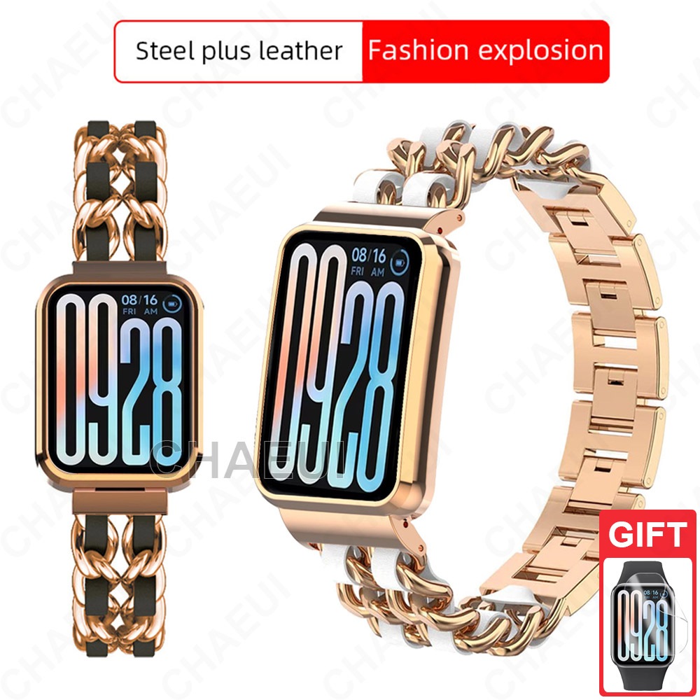 สายสแตนเลสพร้อมเคสหนังสร้อยข้อมือทดแทนสําหรับ Xiaomi Smart Band 10 9 8 7 Pro / Xiaomi Smart Band 9 8 Active