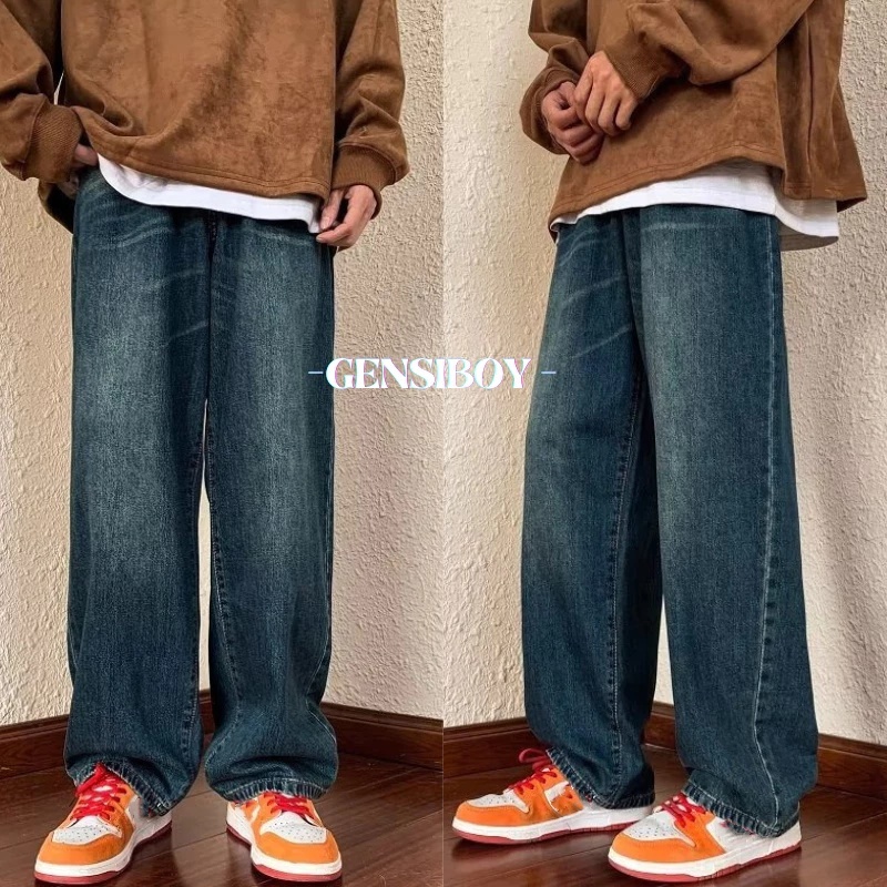 Gensiboy-กางเกงยีนส์ผู้ชาย baggy jeans เกาหลีกระบอกตรง ทรงหลวม ขนาดใหญ่ สไตล์เกาหลี ย้อนยุค ยีนส์ แฟชั่น ลีย้อนยุควินเทจ ทรงกระบอกใหญ่