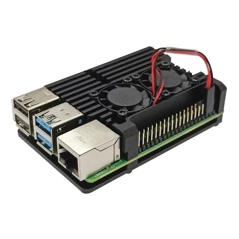 เคสอลูมิเนียม Raspberry Pi 4 ล่าสุดพร้อมพัดลมระบายความร้อนคู่เปลือกโลหะกล่องสีดําสําหรับ RPI 4 รุ่น B