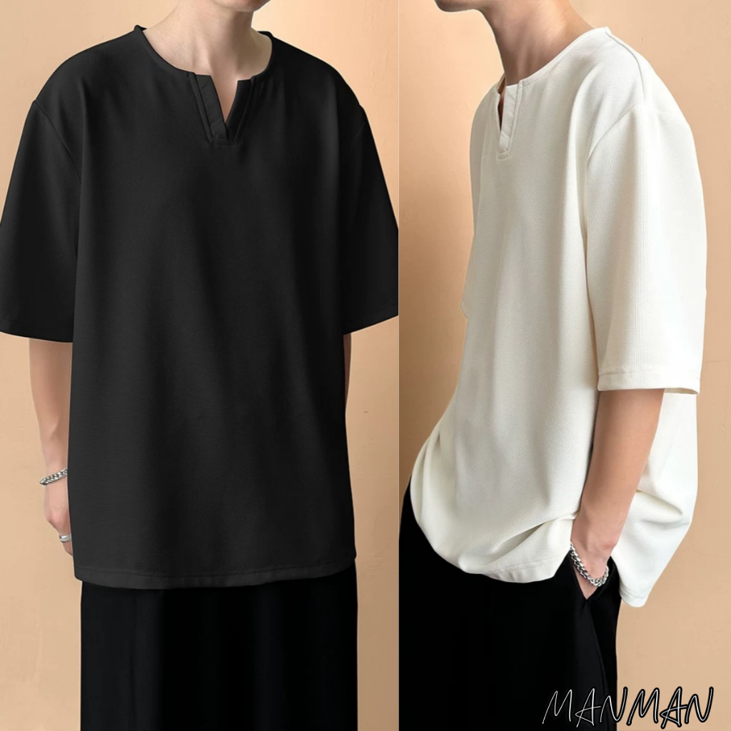 MANMAN วินเทจ สีทึบ แขนสั้นคอวี เสื้อยืดฤดูร้อนสำหรับผู้ชาย วาฟเฟิล หลวม ครึ่งแขน